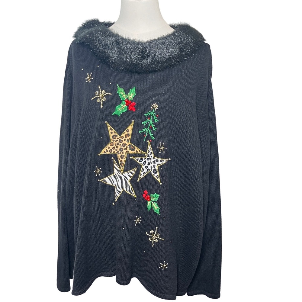 Holiday Star Sweater Faux Fur Trim Animal Print‎ KIKIT Maurice Sasson 3X
